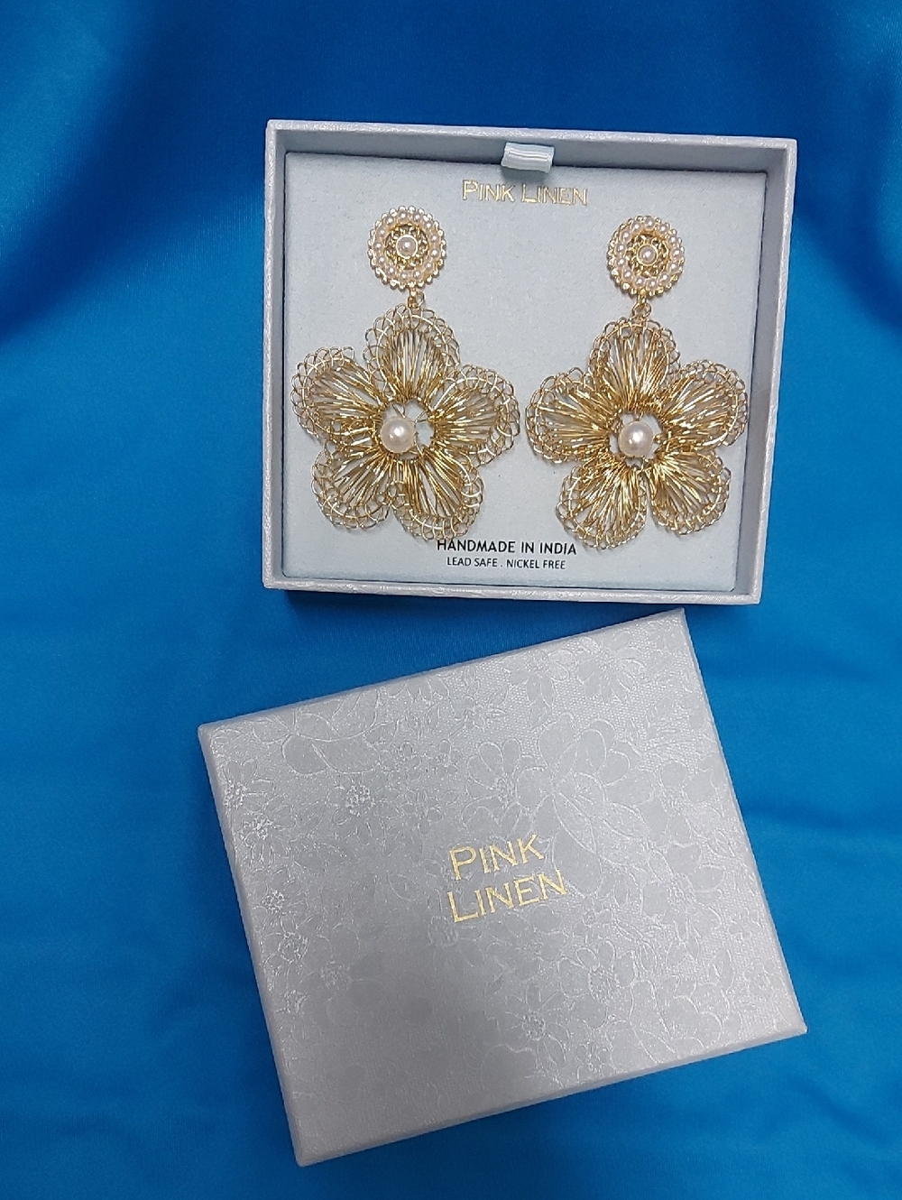 Pink Linen Gold Floral Pearl Drop Earrings - Women's Accessories